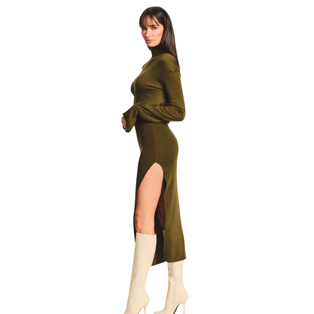 SER.O.YA Olive Green Diana Turtleneck High Slit Blouson Sweater Dress